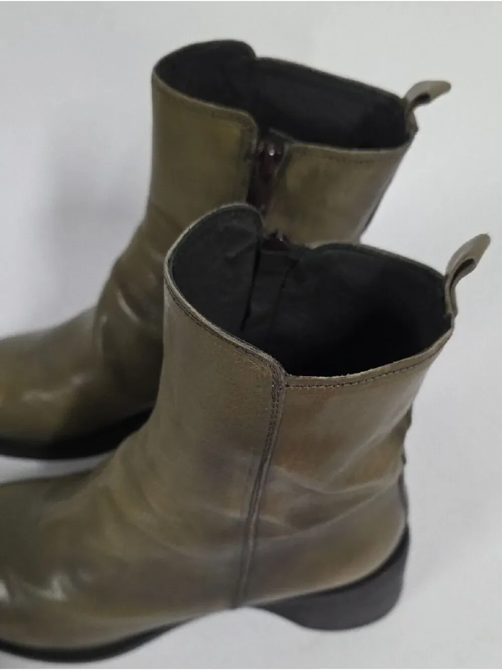 Moma Women’s Italian Leather Agnes Olive Ankle Boots - Side Zipper, Size 9 - 9.5